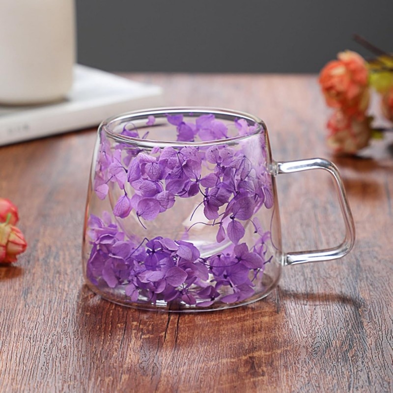 Cană cu flori uscate, pereți dubli, sticlă borosilicată, izolare termică, hortensie, 180 ml